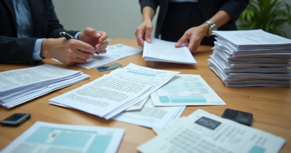 People organizing mortgage documents on a wooden table 