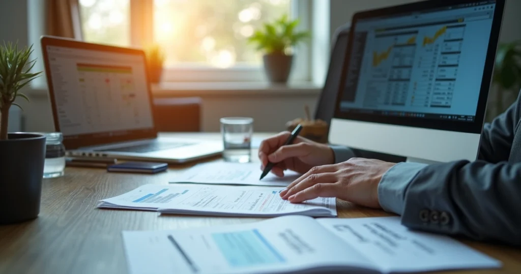 Mortgage underwriter reviewing financial documents and computer screen 
