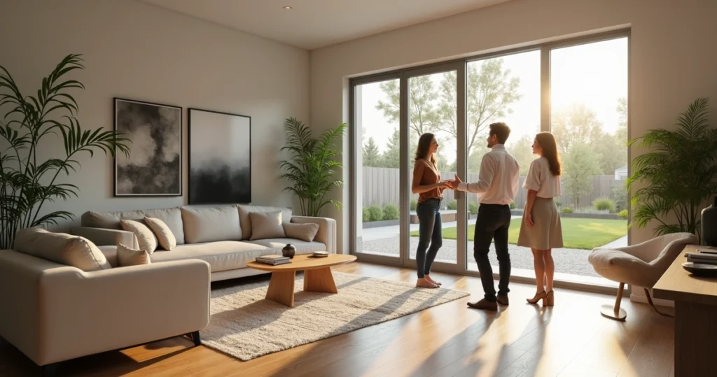 Real estate agent showing a couple a modern home interior 