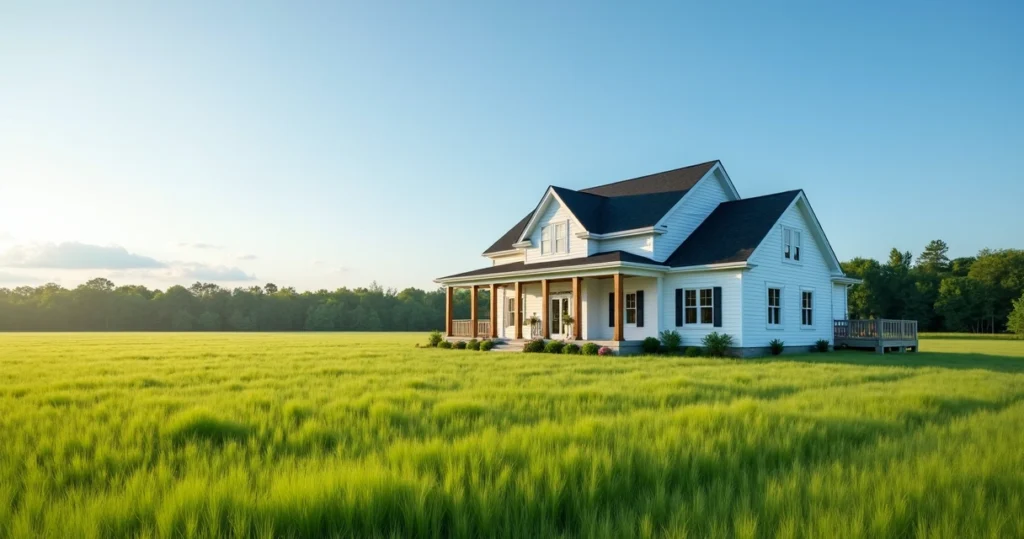 Modern home in rural area with open green field 