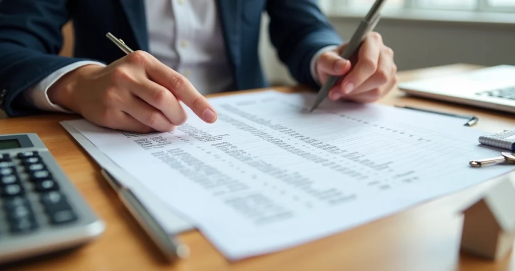 Buyer reviewing closing disclosure with calculator and house keys on desk 