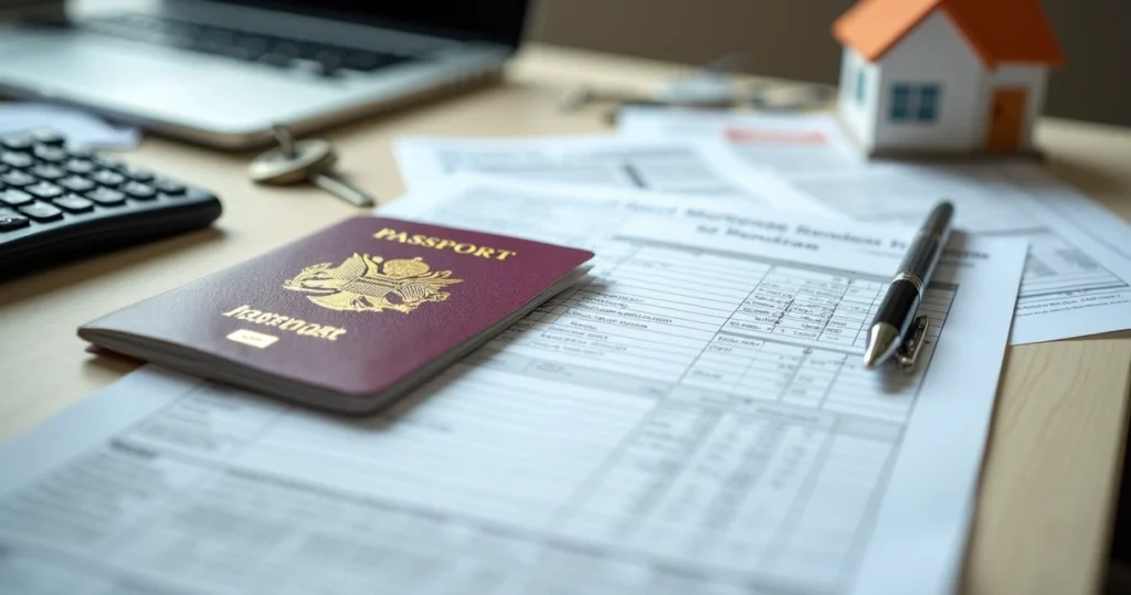 Mortgage documents, passport, calculator and house keys on a desk 