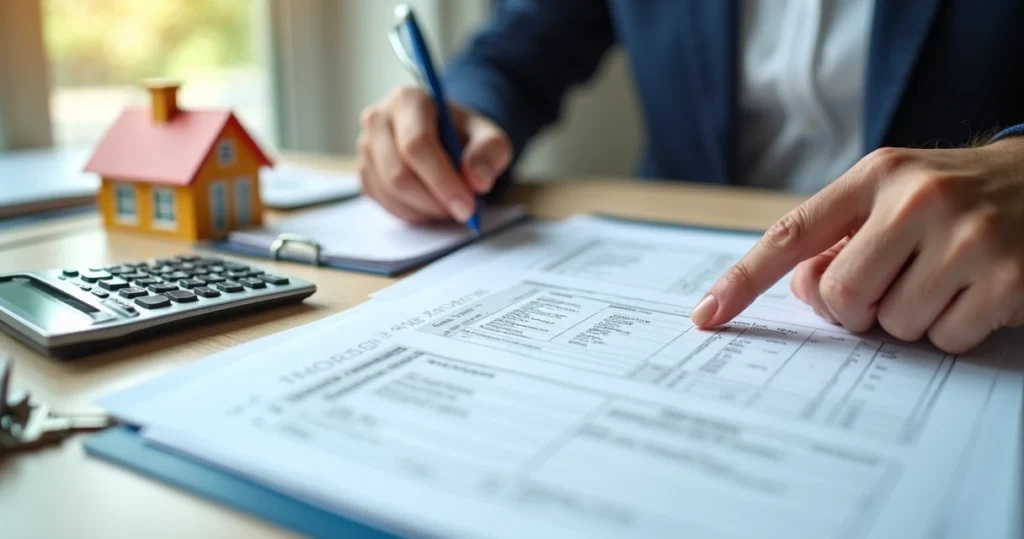 Mortgage documents and house keys on a desk