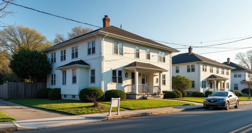 Two-story multi-unit home with for sale sign 