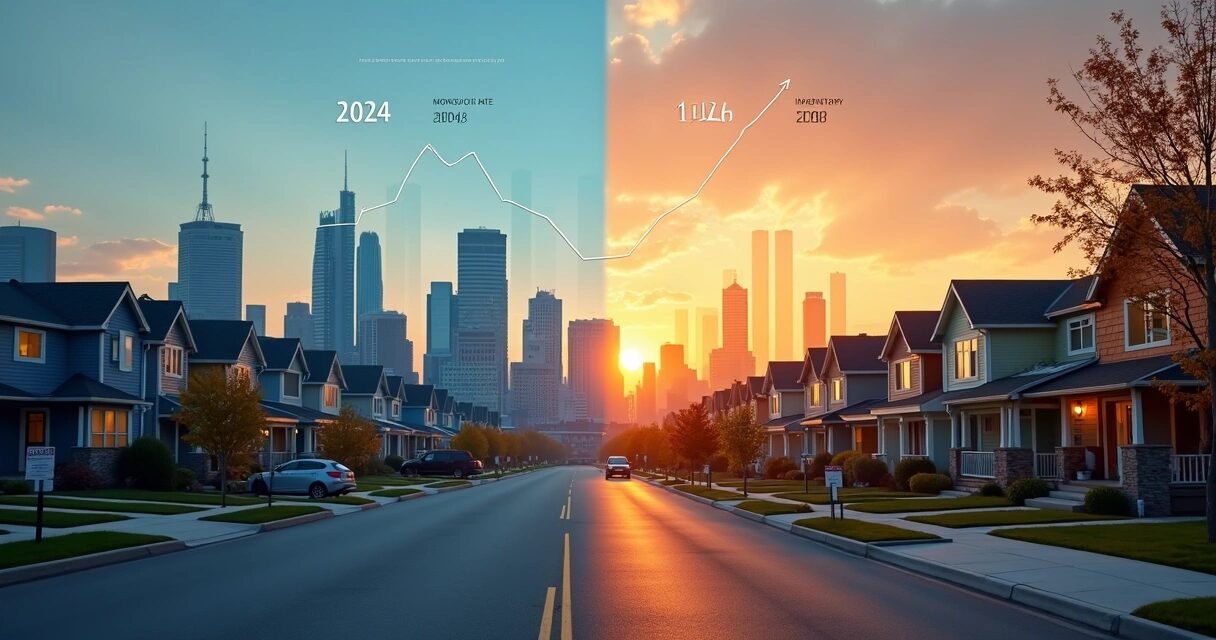 City skyline split between 2024 and 2026 housing market with graphs in the sky