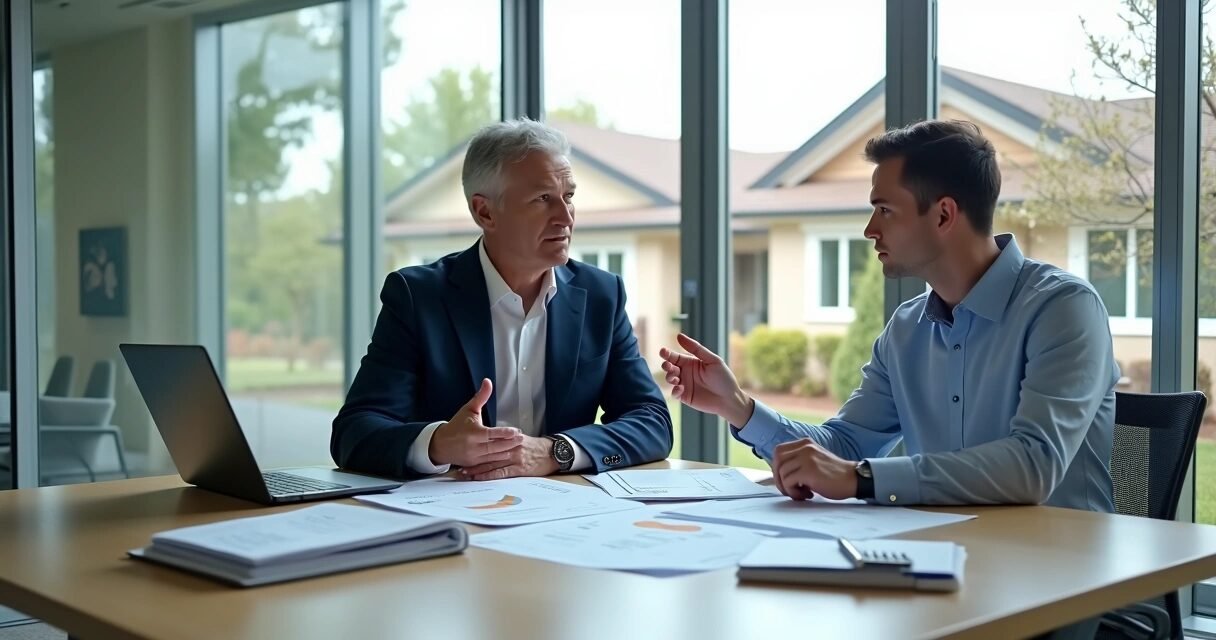 Self-employed borrower reviewing printed bank statements with mortgage advisor in modern office