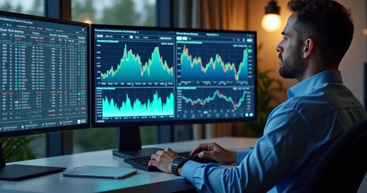 Financial analyst reviewing bond market charts with mortgage rate graphs on dual monitors in modern office