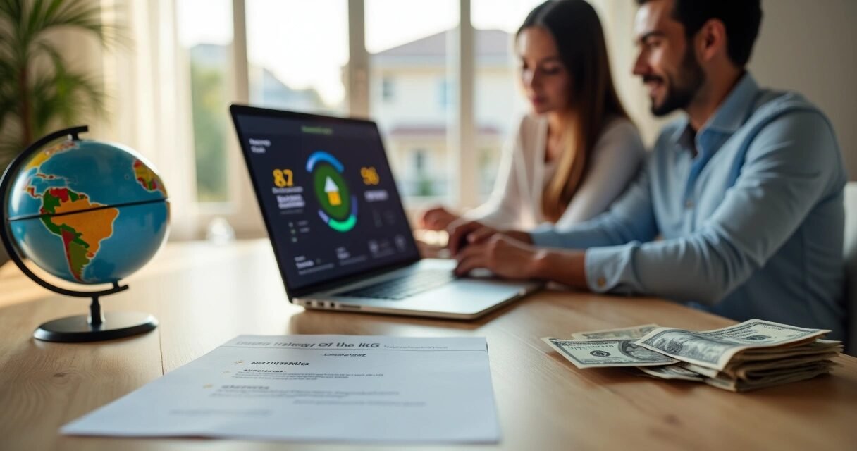 Brazilian couple reviewing cross-border money transfer steps for a US home purchase on a laptop