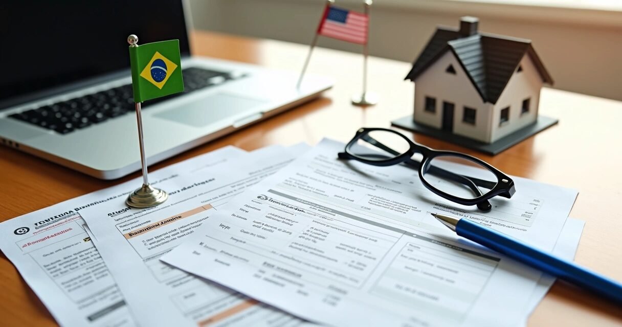Brazilian and U.S. mortgage documents arranged on bright desk with small house model and flags