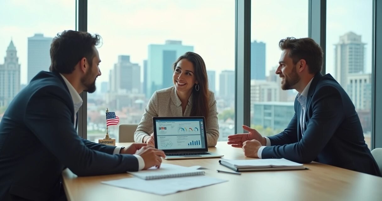 Brazilian homebuyer couple reviewing US mortgage options with advisor in modern office
