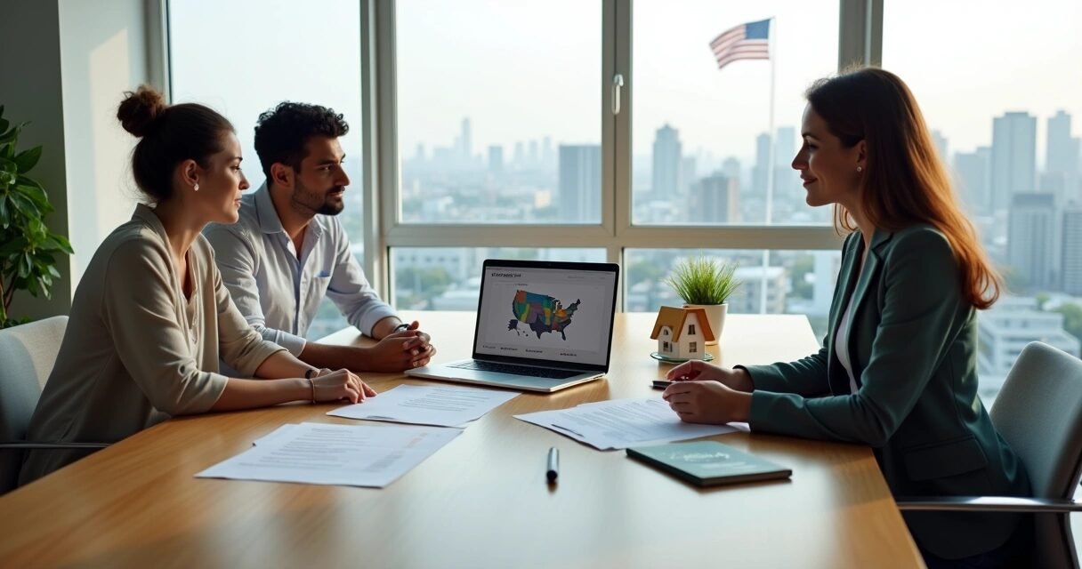 Brazilian couple reviewing US property purchase documents with mortgage advisor