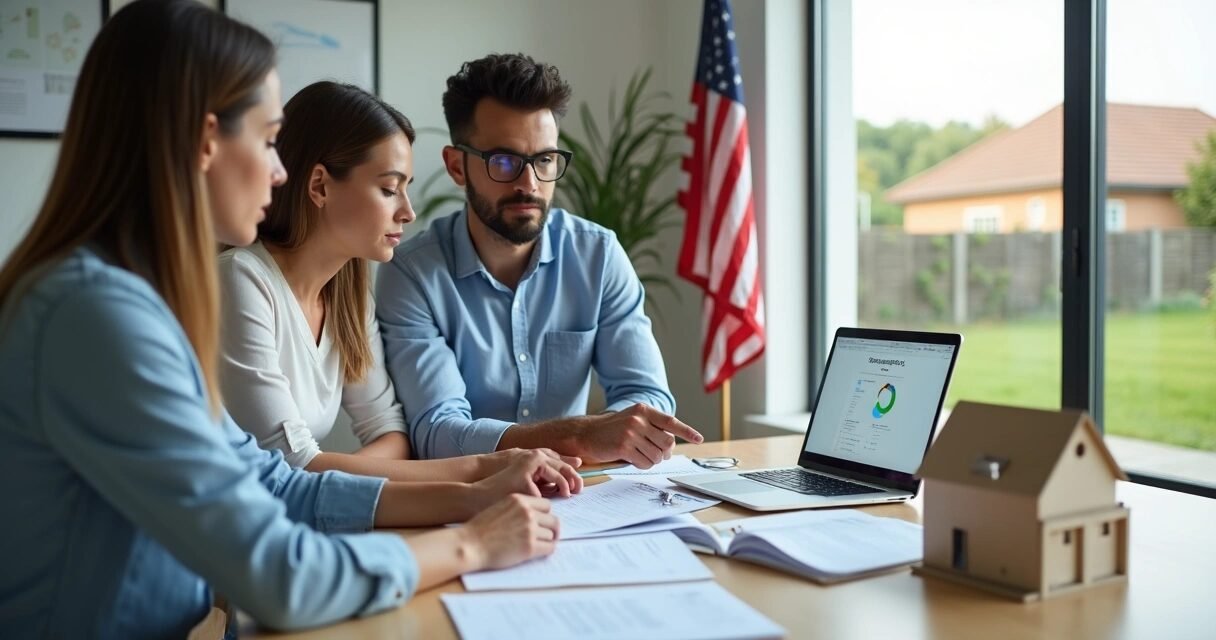 Brazilian couple reviewing mortgage documents with advisor in modern US home office