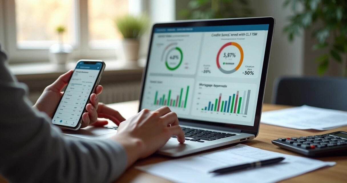 Person using a laptop and smartphone with credit score and mortgage graphics on screen