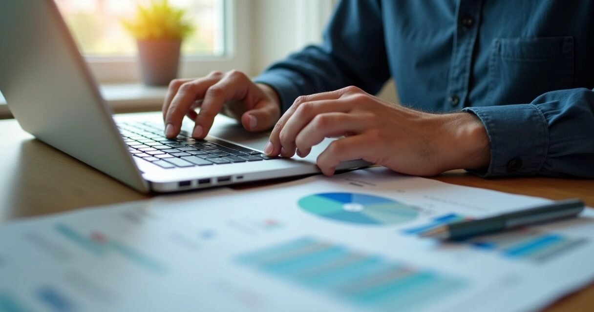 Person reviewing credit report on laptop with financial documents on desk