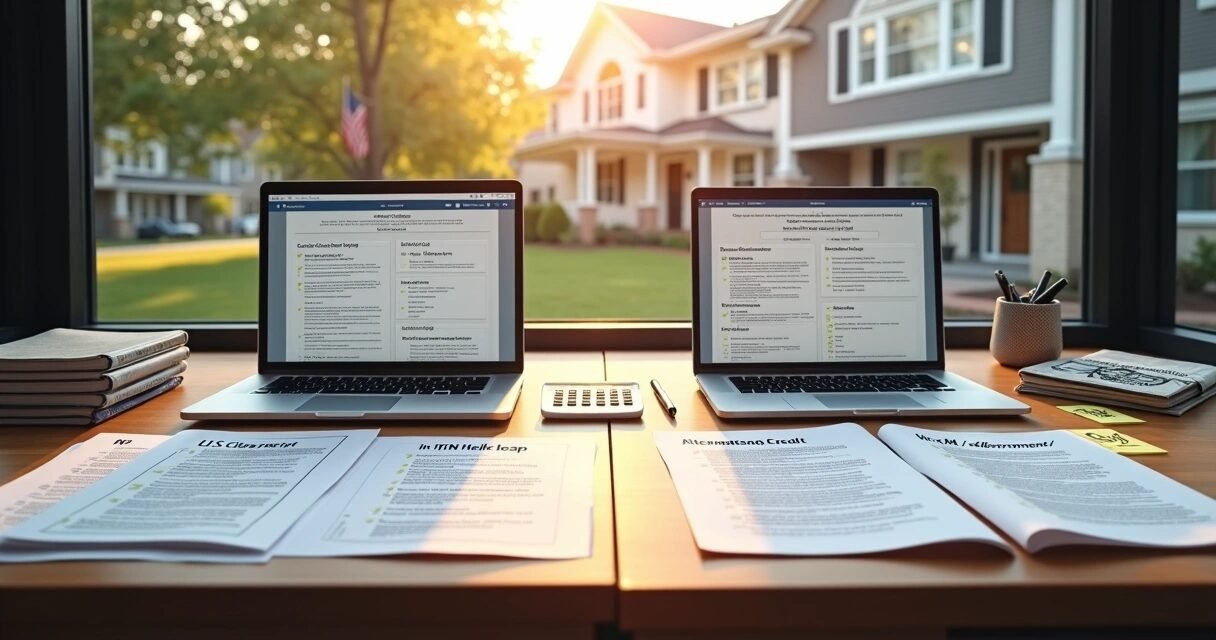 Split scene comparing US citizen and ITIN homebuyers planning a house purchase