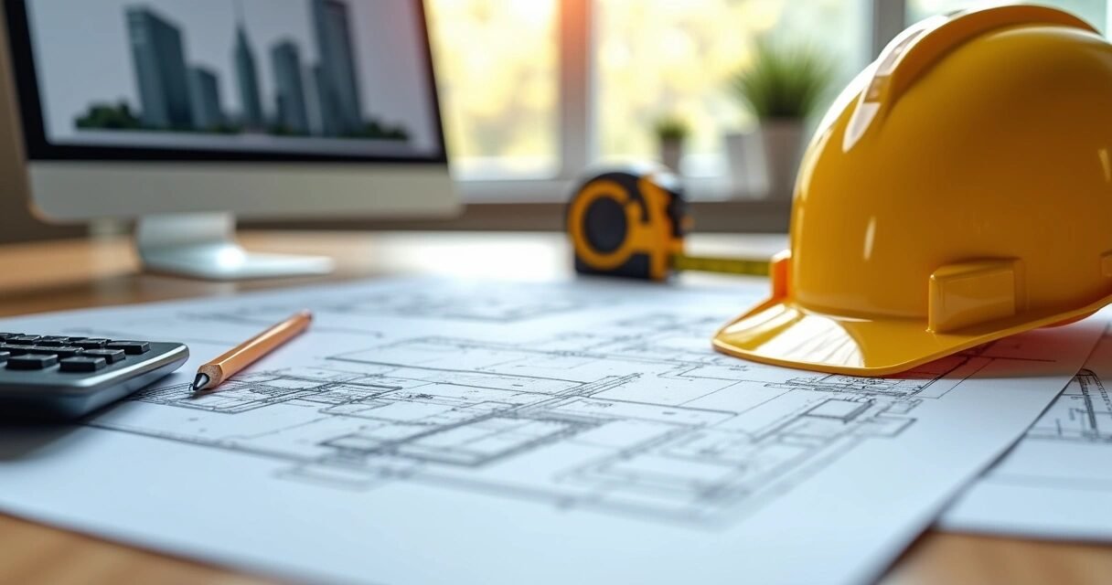 Close-up of architectural blueprints and construction plans on a wooden table with construction tools and a hard hat nearby