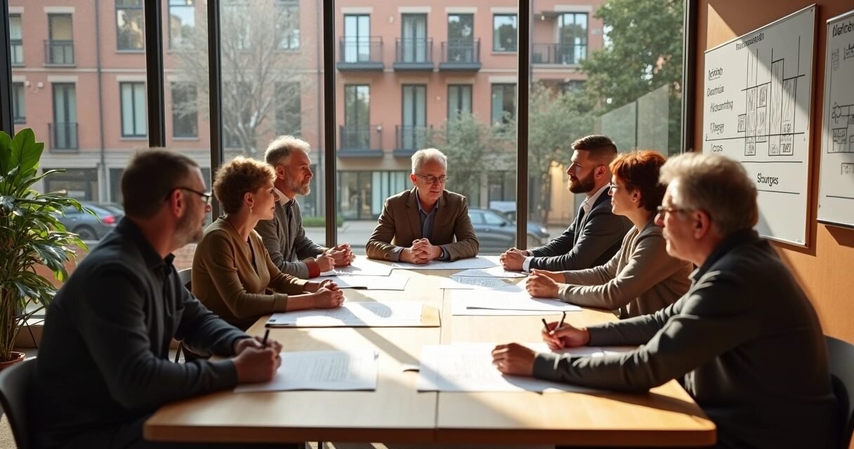 Diverse residents discussing housing plans in a bright cooperative building common room