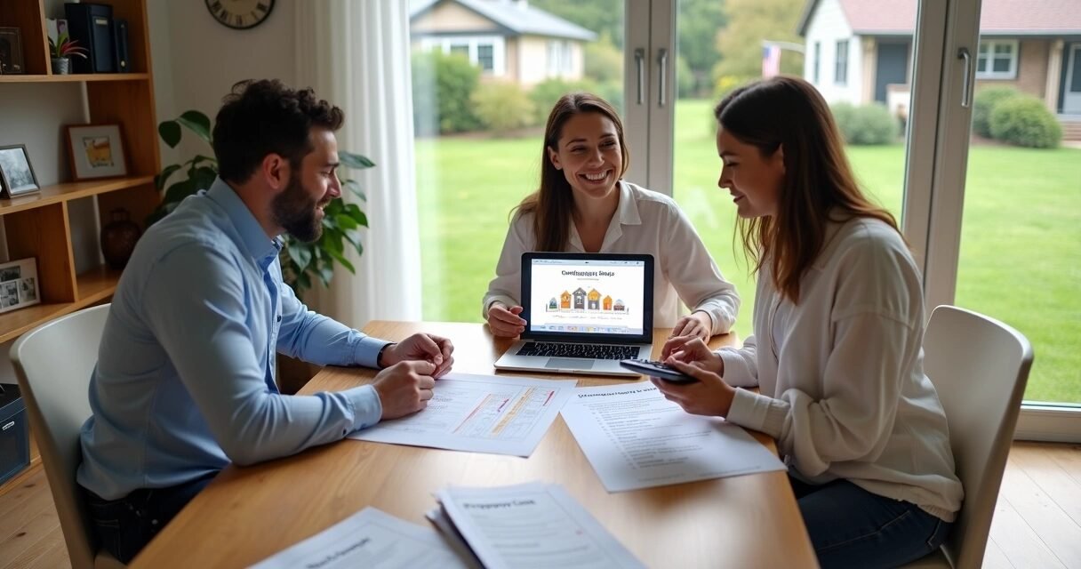 Young couple reviewing home buying documents with agent in front of American suburban house