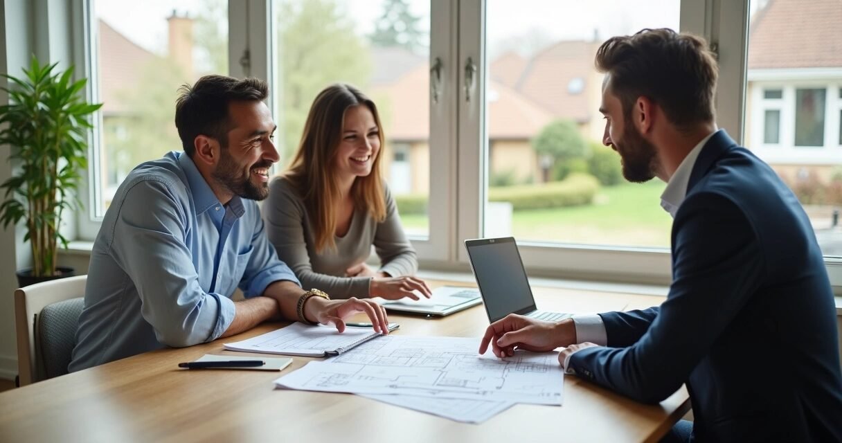 Young couple meeting a mortgage broker in a modern office with house plans on the table