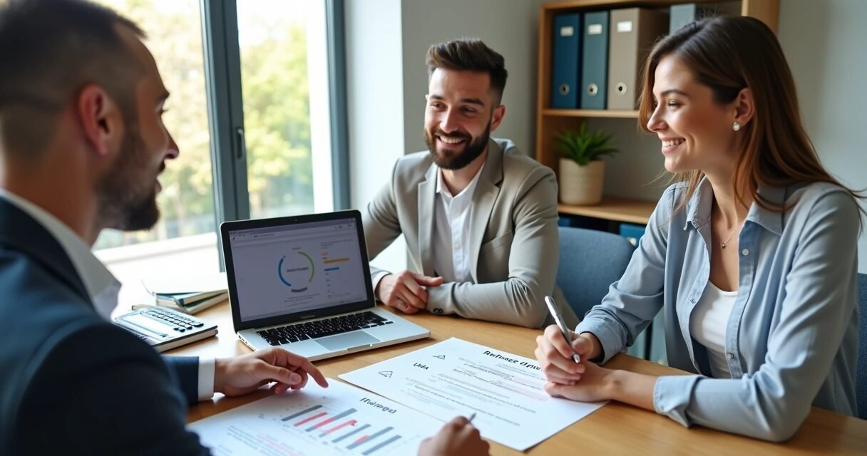 Couple reviewing mortgage refinance options with a broker and credit report