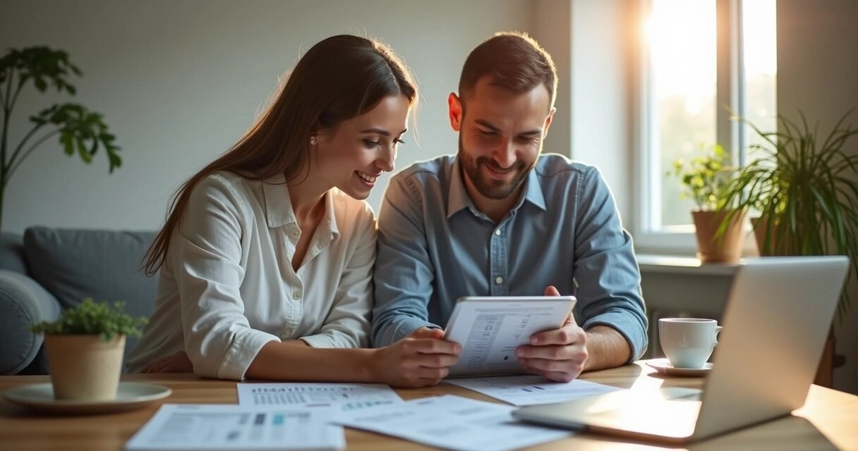 Couple using a mortgage calculator on a tablet at home with documents and laptop on the wooden table