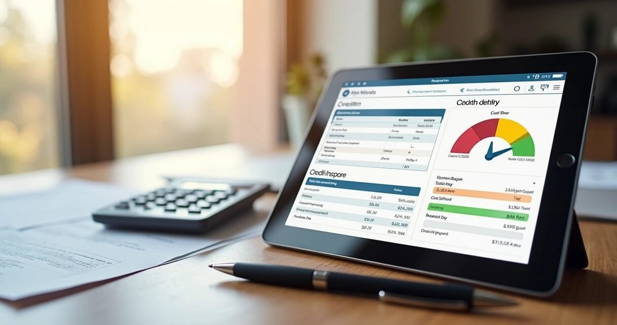 Detailed credit report and credit score data displayed on a digital tablet with a pen and calculator on the wooden desk