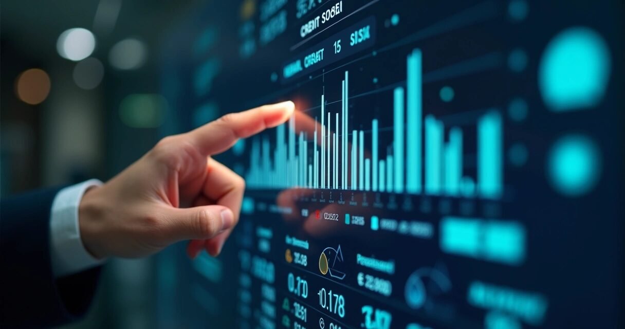 Close-up of a hand pointing at the highest credit score on a detailed digital credit score chart with financial icons in the background