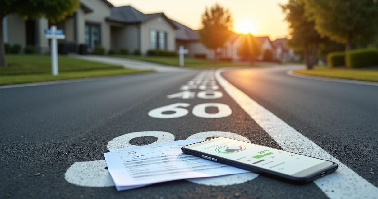 Credit score improvement timeline illustrated as a road toward a home