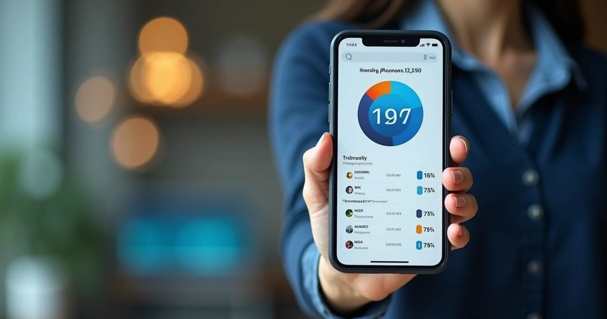 Hand holding smartphone displaying detailed credit score and mortgage approval data with charts in background