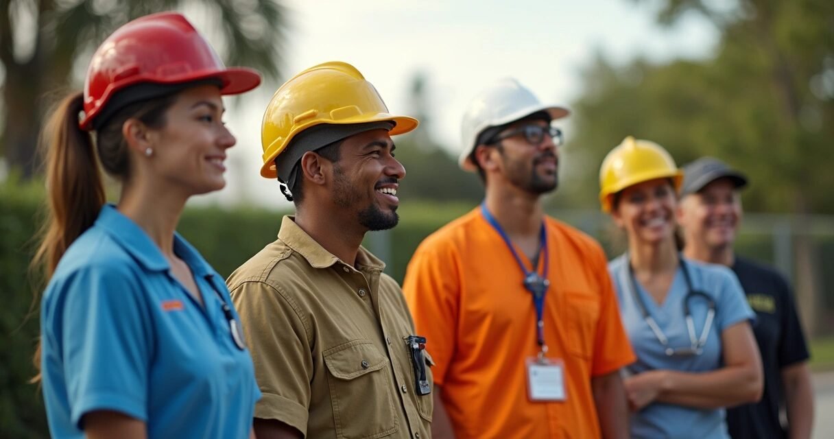Group of essential workers including nurses, firefighters, and teachers standing united outdoors in Florida