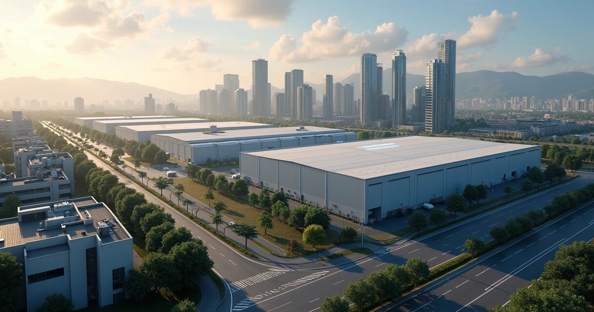 A diverse real estate investment portfolio including modern data centers, affordable housing, and logistics warehouses in daylight cityscape