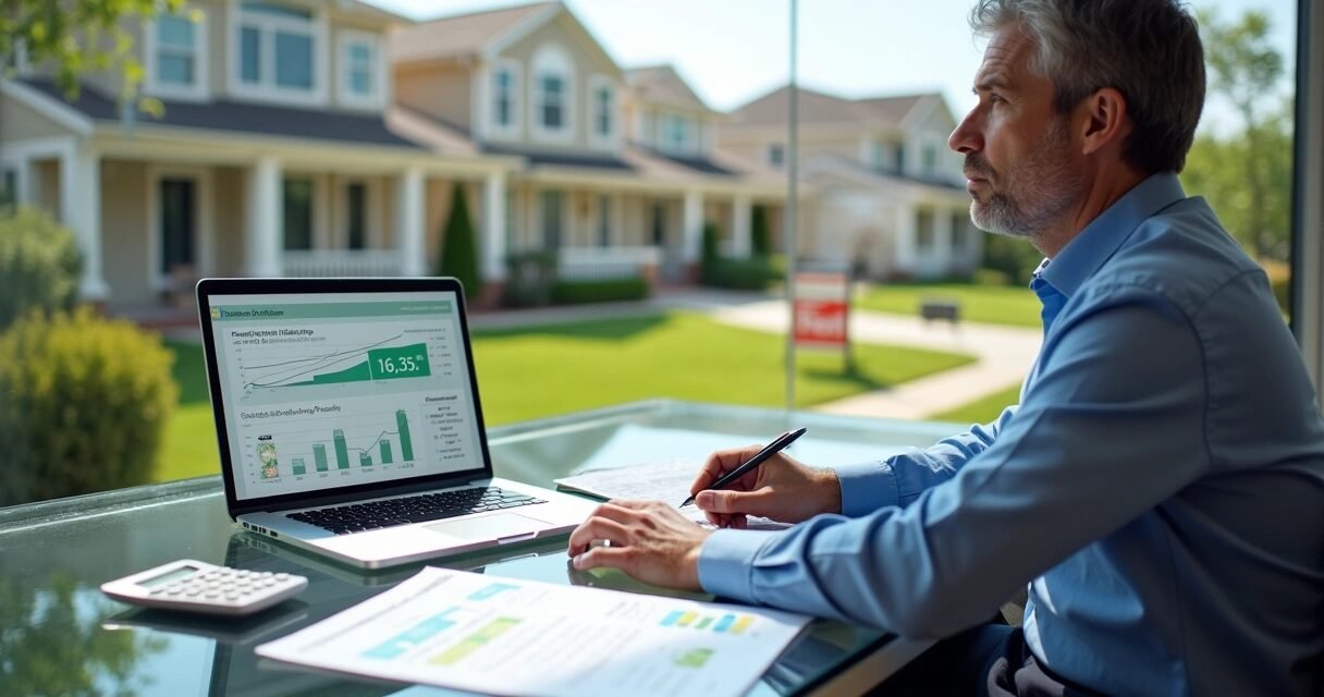 Real estate investor reviewing DSCR loan numbers in front of rental property