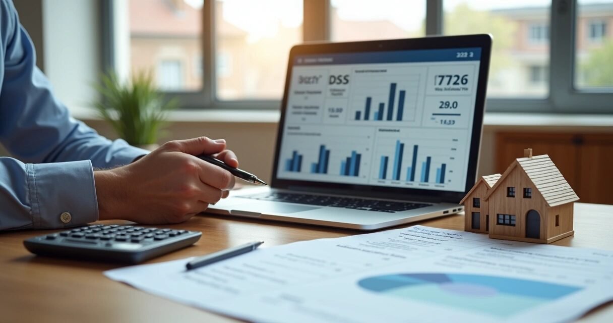Mortgage advisor analyzing DSCR rental income numbers beside small property models