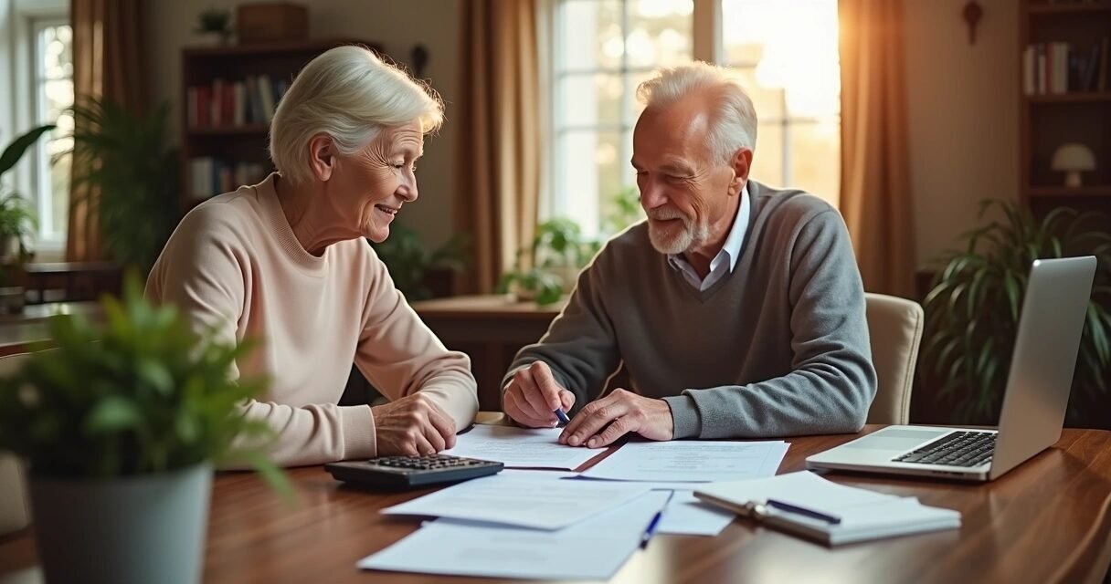 Elderly couple sitting at home table reviewing financial documents and calculator