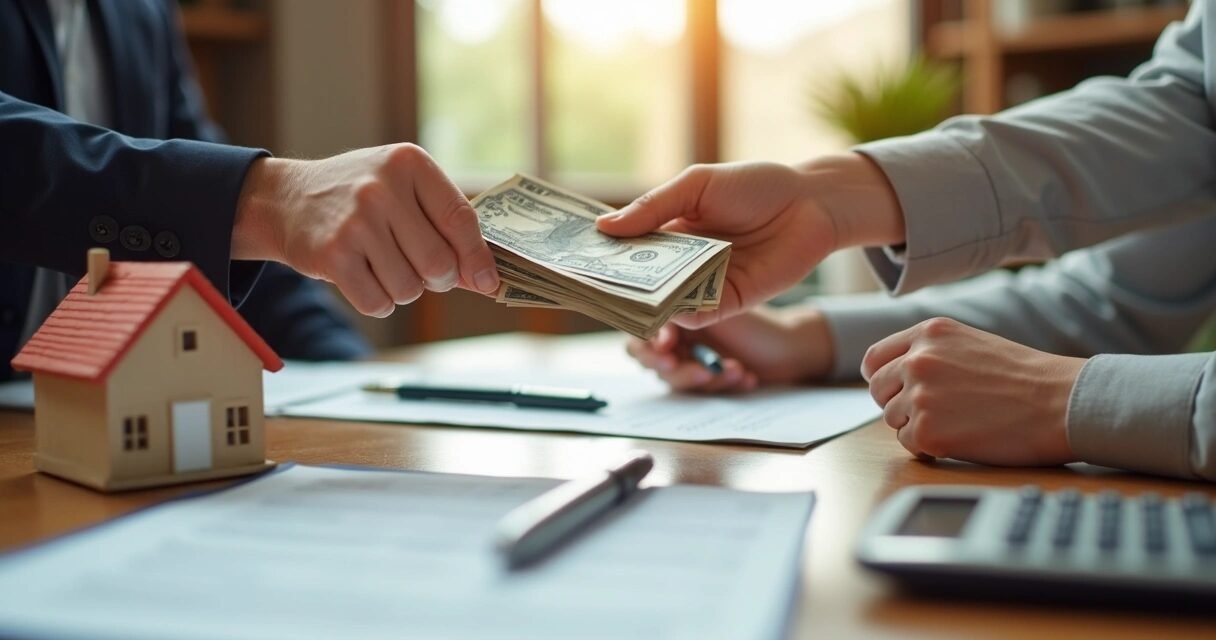Hands exchanging cash with a house model and contract on a wooden table