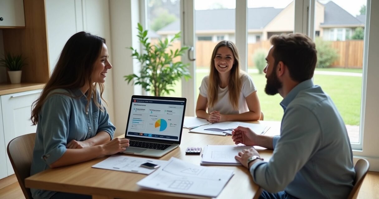 Mortgage advisor explaining FHA loan criteria to diverse homebuyers at a kitchen table
