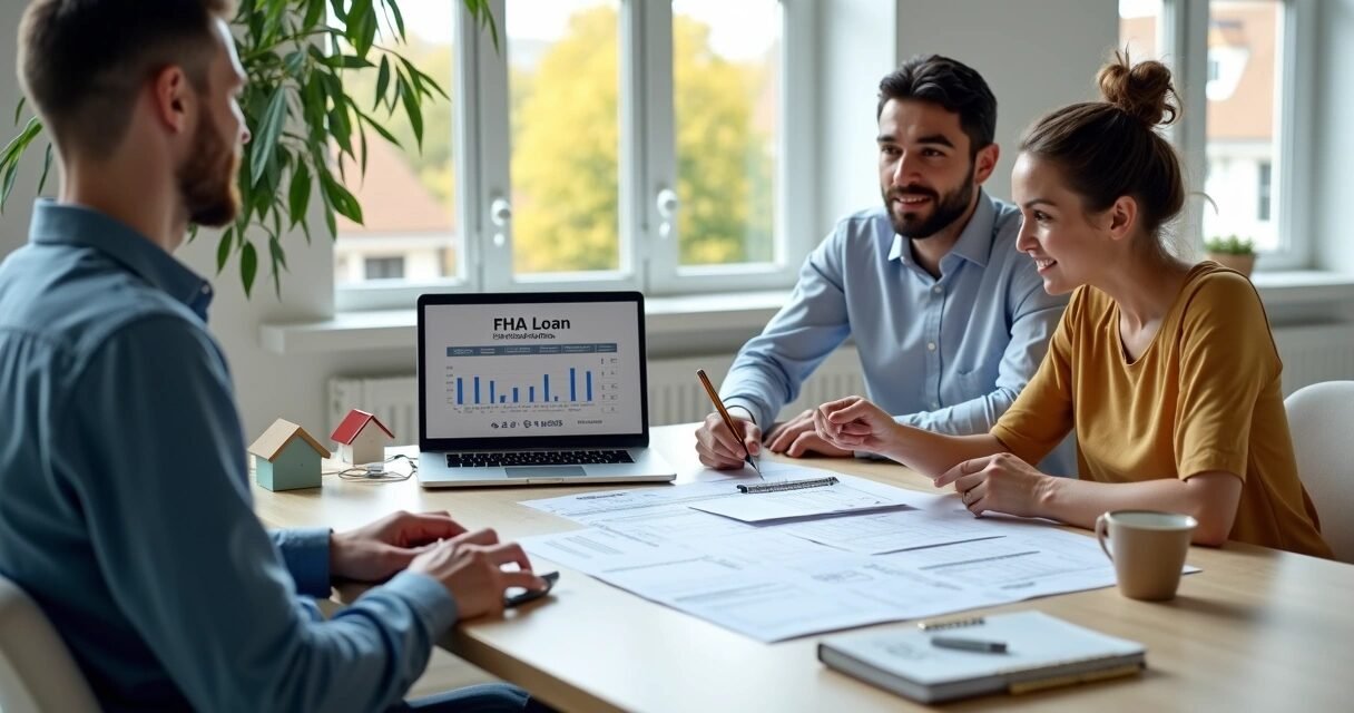 Mortgage advisor explaining FHA loan options to a couple in a modern office