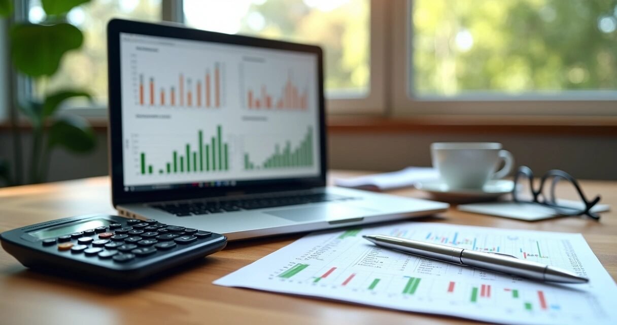 Close-up of a desktop showing financial graphs of inflation and jobless claims with a calculator and pen nearby