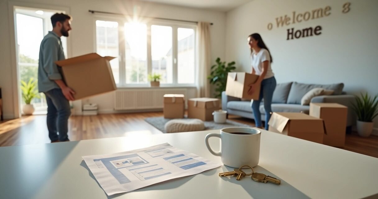 Renters carrying boxes into their first home with keys on the kitchen counter