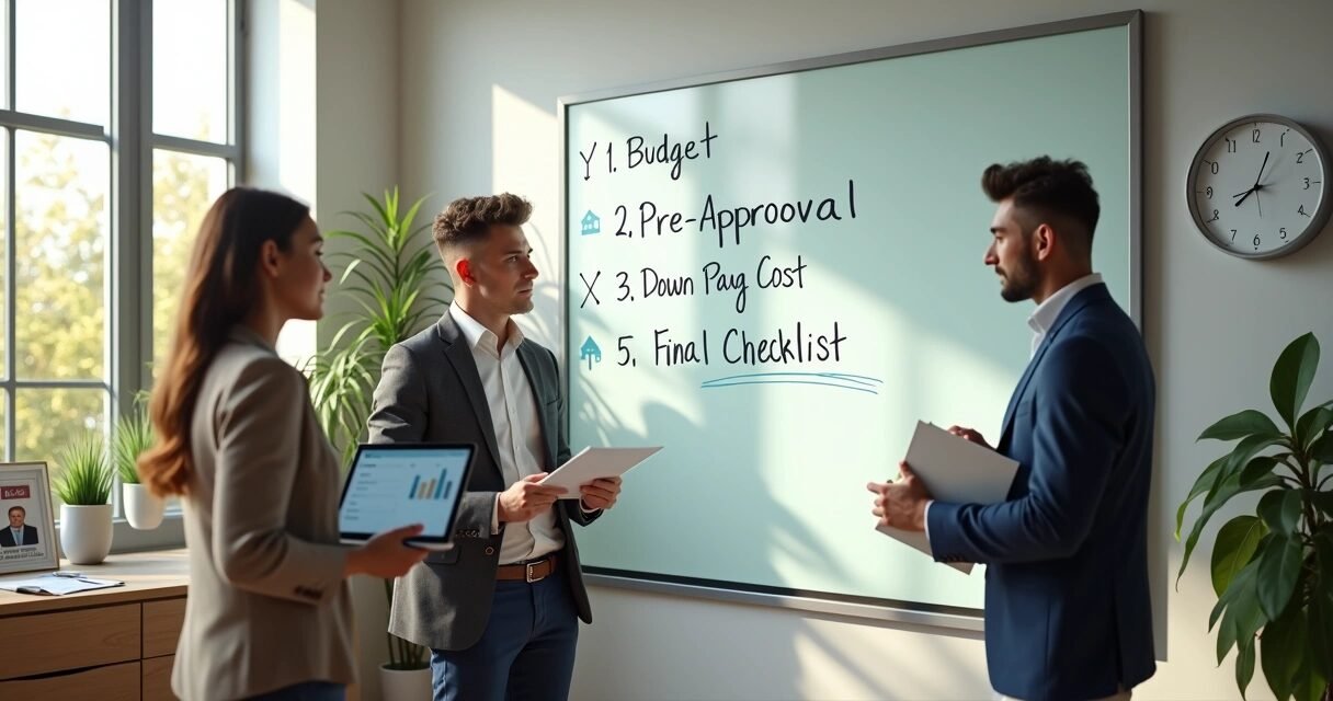 First-time homebuyers standing by a whiteboard checklist with budget, pre-approval, down payment and closing costs