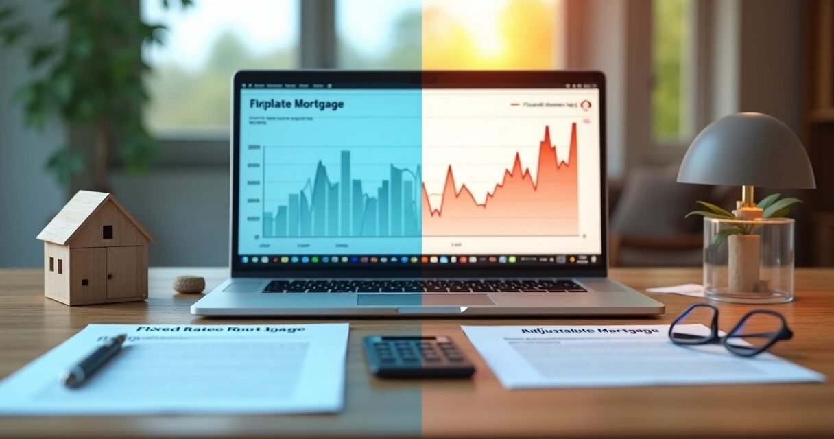 Split-screen comparison of fixed and adjustable mortgage options on a table with house model and documents