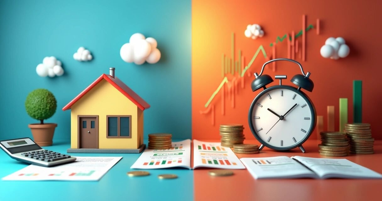 Split scene showing fixed mortgage rate on left with stable house model and calculator, variable rate on right with fluctuating graph and clock