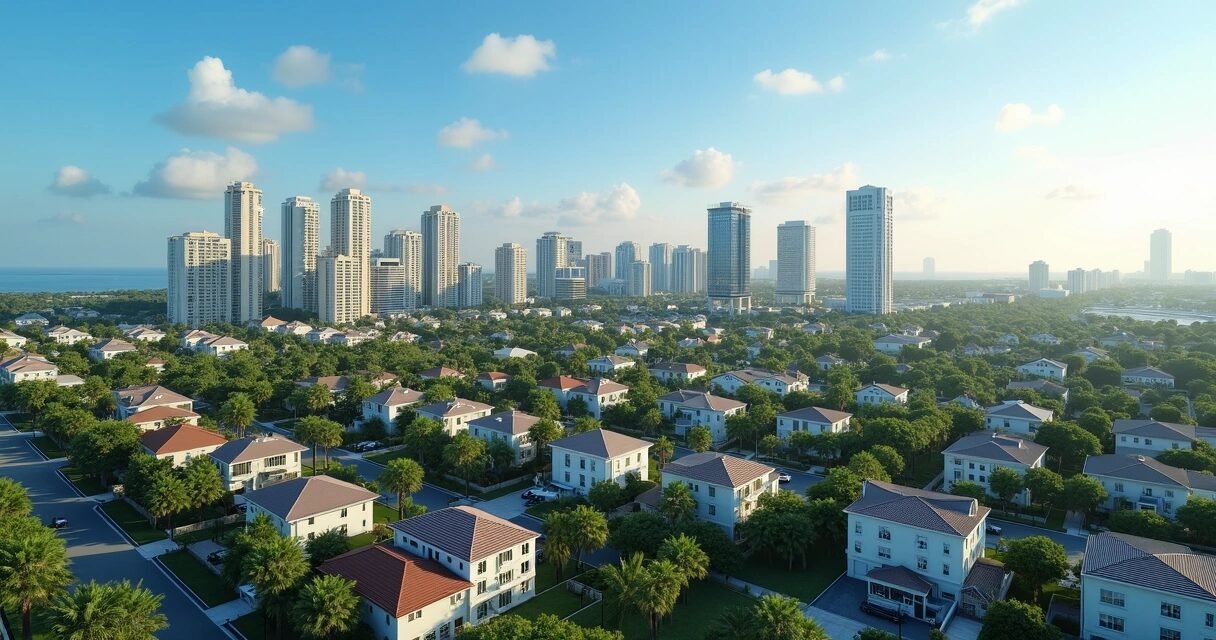 Panoramic view of a Florida city skyline with modern homes, office buildings, and green spaces under a clear blue sky