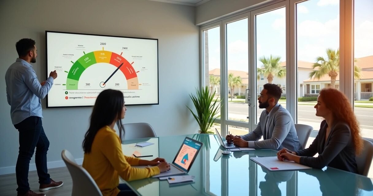 Florida mortgage approval advisor pointing at a large credit score scale