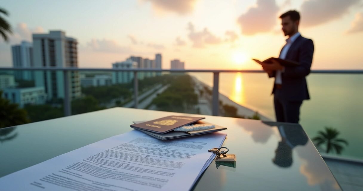 Foreign homebuyer looking at Miami skyline with house key and documents