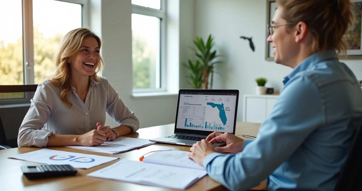 Homebuyer reviewing loan documents with a mortgage advisor in a bright office