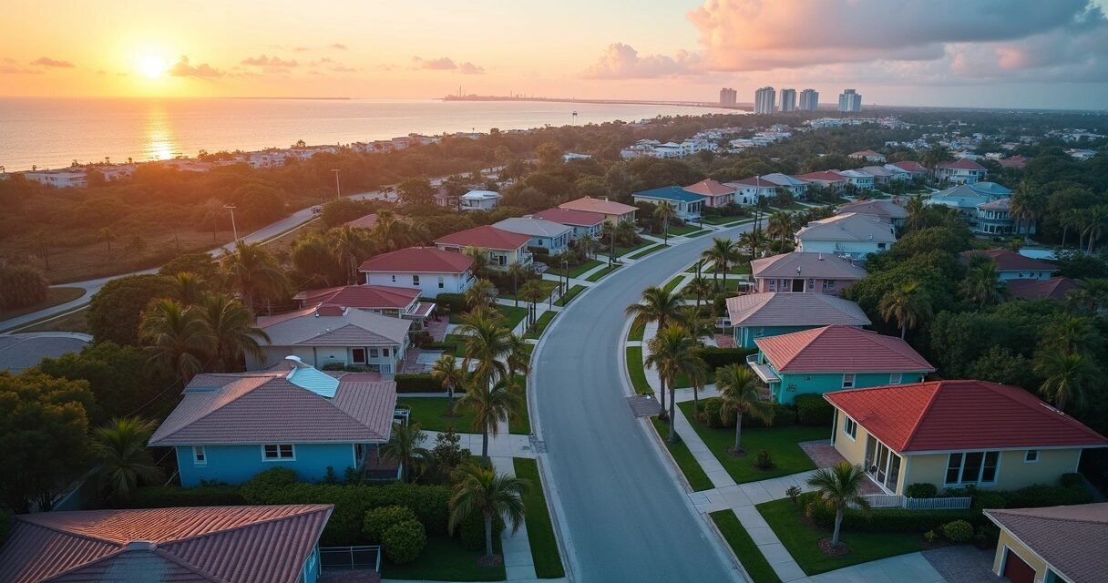 Aerial view of Florida neighborhood contrasted with data overlays of housing trends
