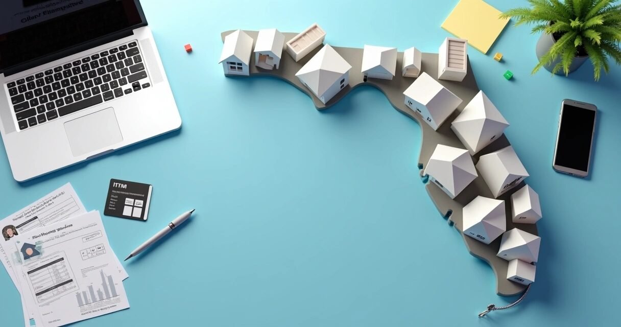 Florida map made of houses with mortgage documents and calculator on blue table