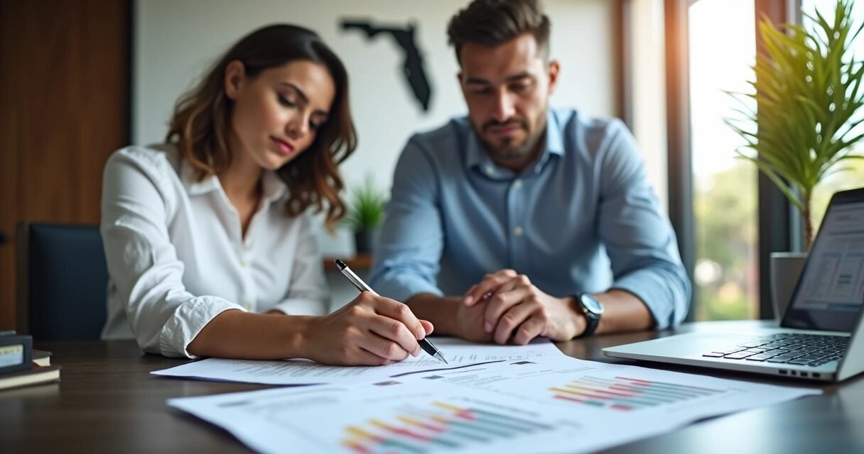 Two people reviewing mortgage documents with Florida-themed office background