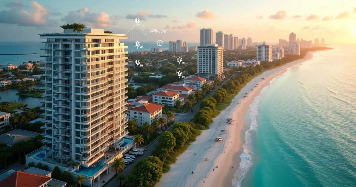Aerial view of Florida waterfront condos with modern city skyline at sunset